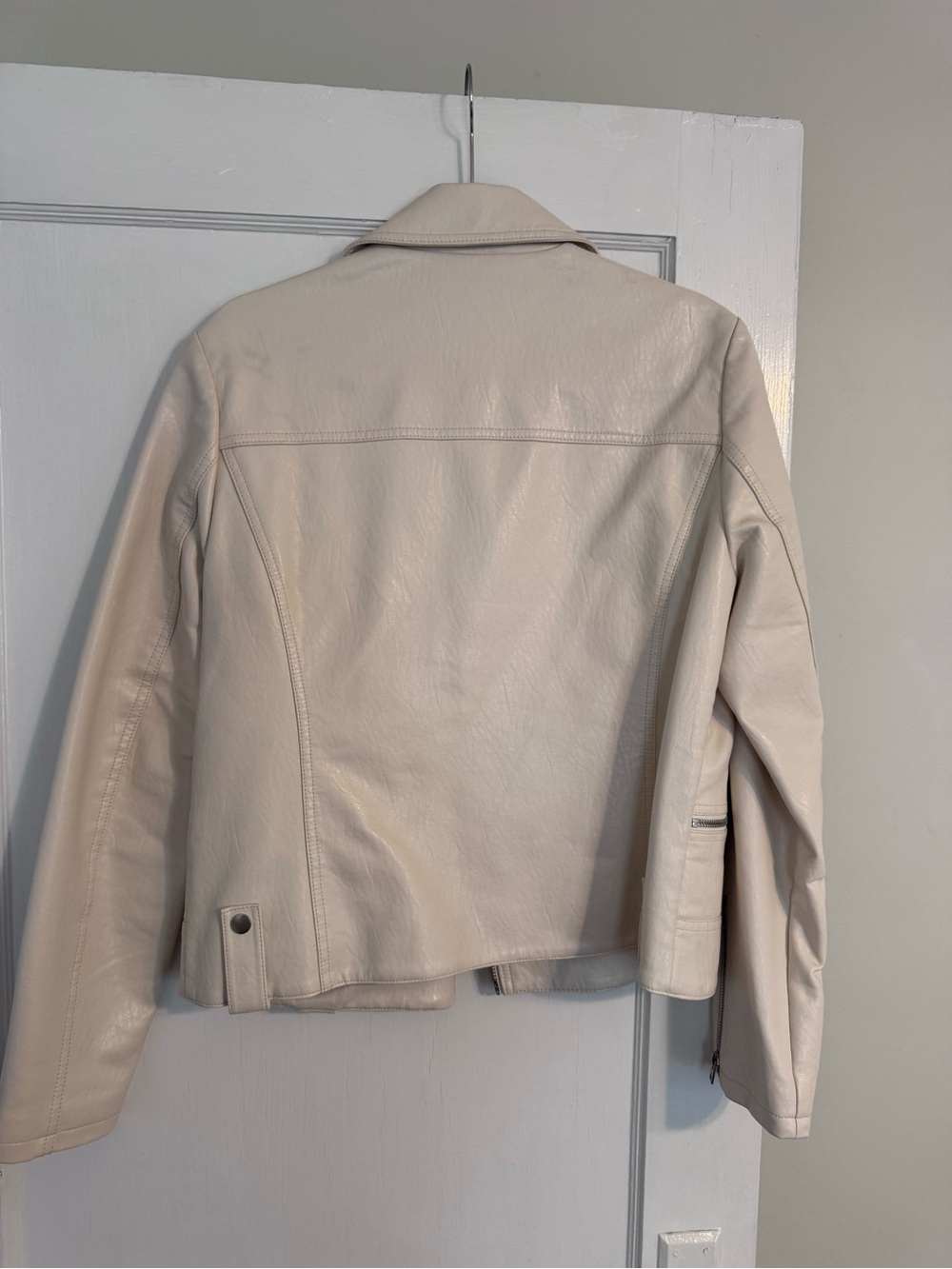 Womens Cream Faux Leather Moto Jacket - Picture 2 of 3